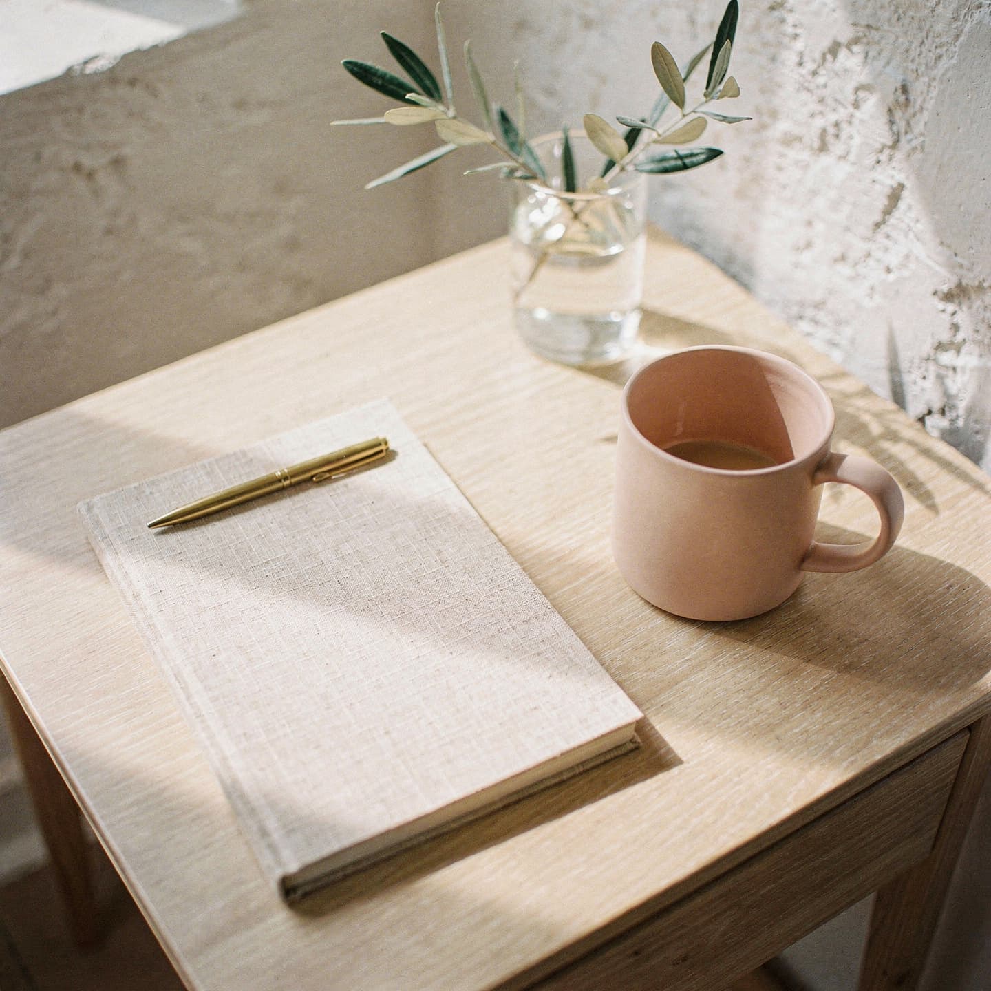A notebook, pen, mug and sprig of olive on a sunlit table